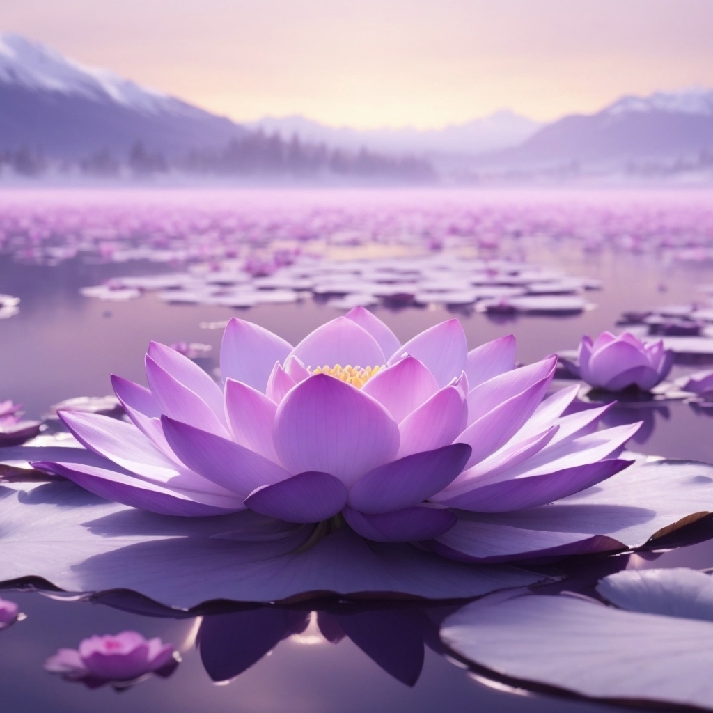 Озеро с крупными розовыми цветами лотоса