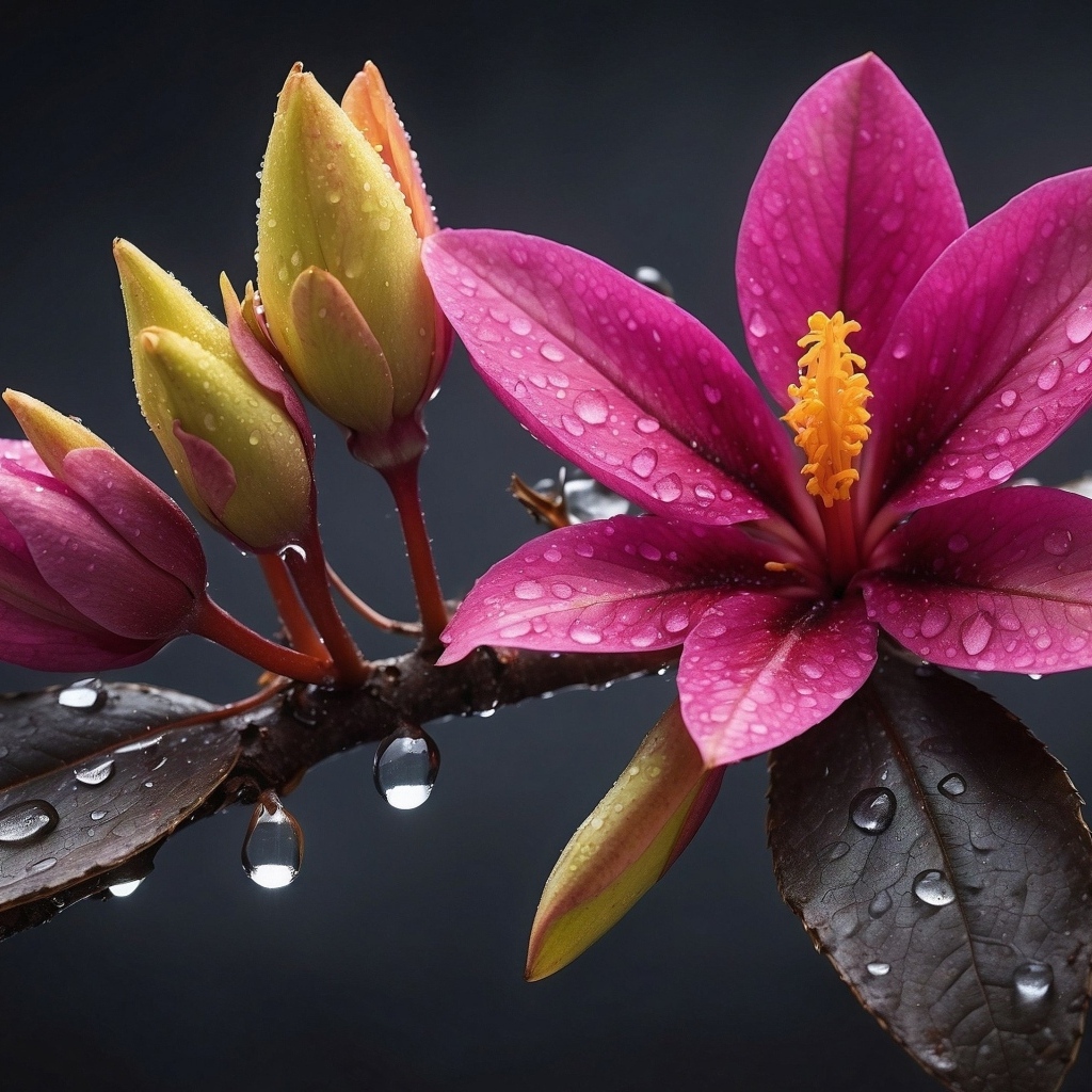 Розовый весенний цветок на ветке с бутонами в каплях дождя