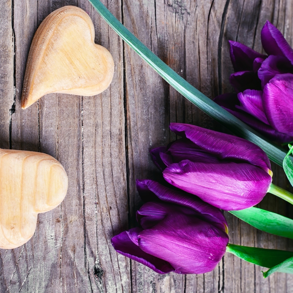 Фиолетовые тюльпаны с деревянными сердечками
