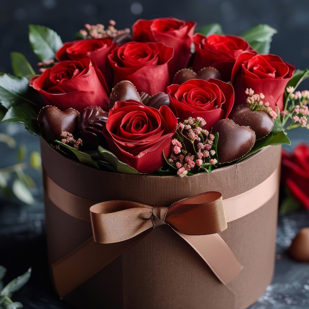 Красные розы в коробке с конфетами