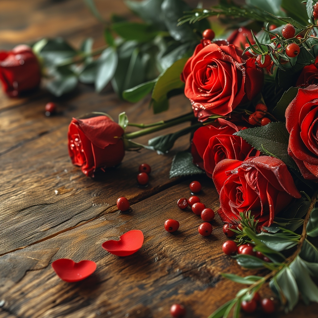Красные необычные розы на деревянном столе