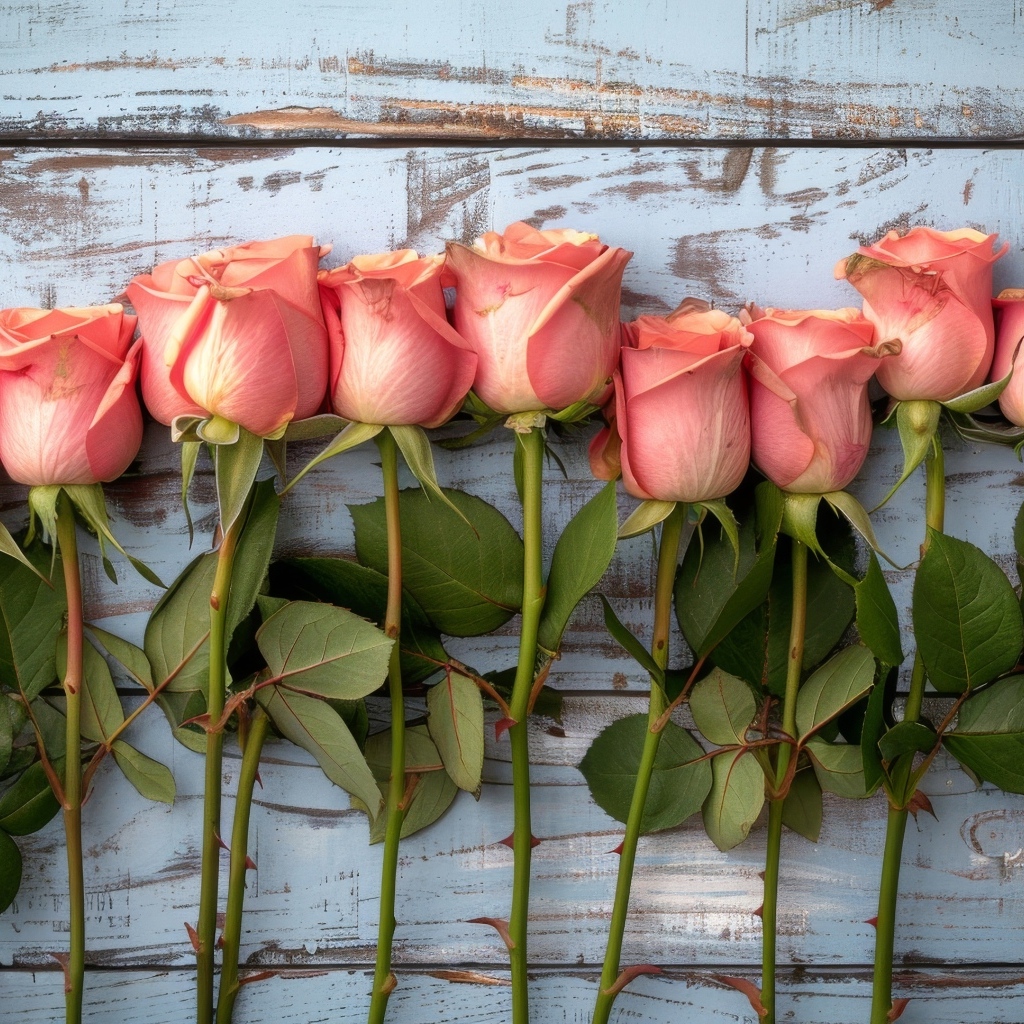 Ряд из розовых роз на деревянном столе