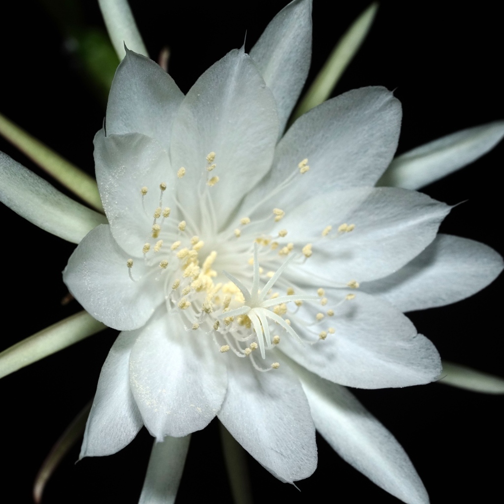 Белый цветок кактуса на черном фоне