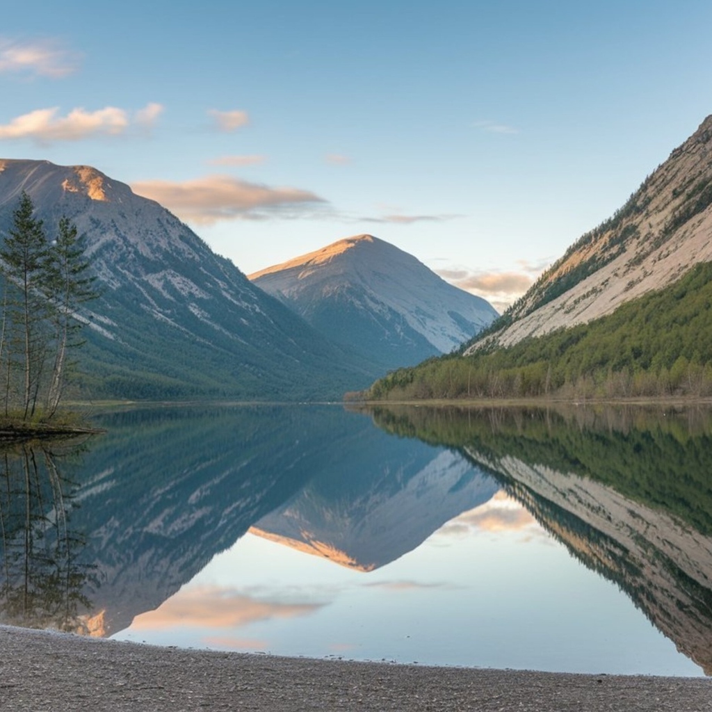 Покрытые зеленью горы отражаются в спокойной воде озера