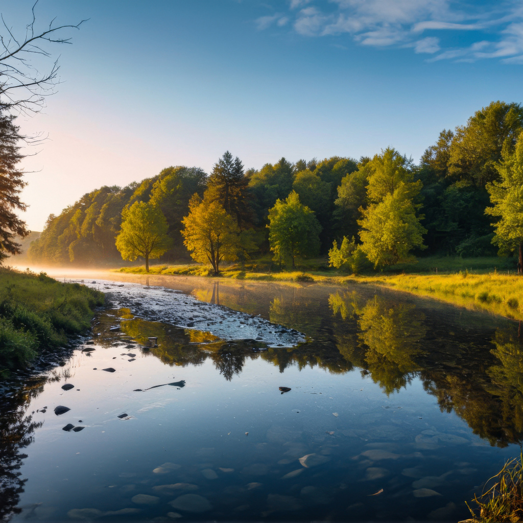 Рассвет над тихой рекой летом