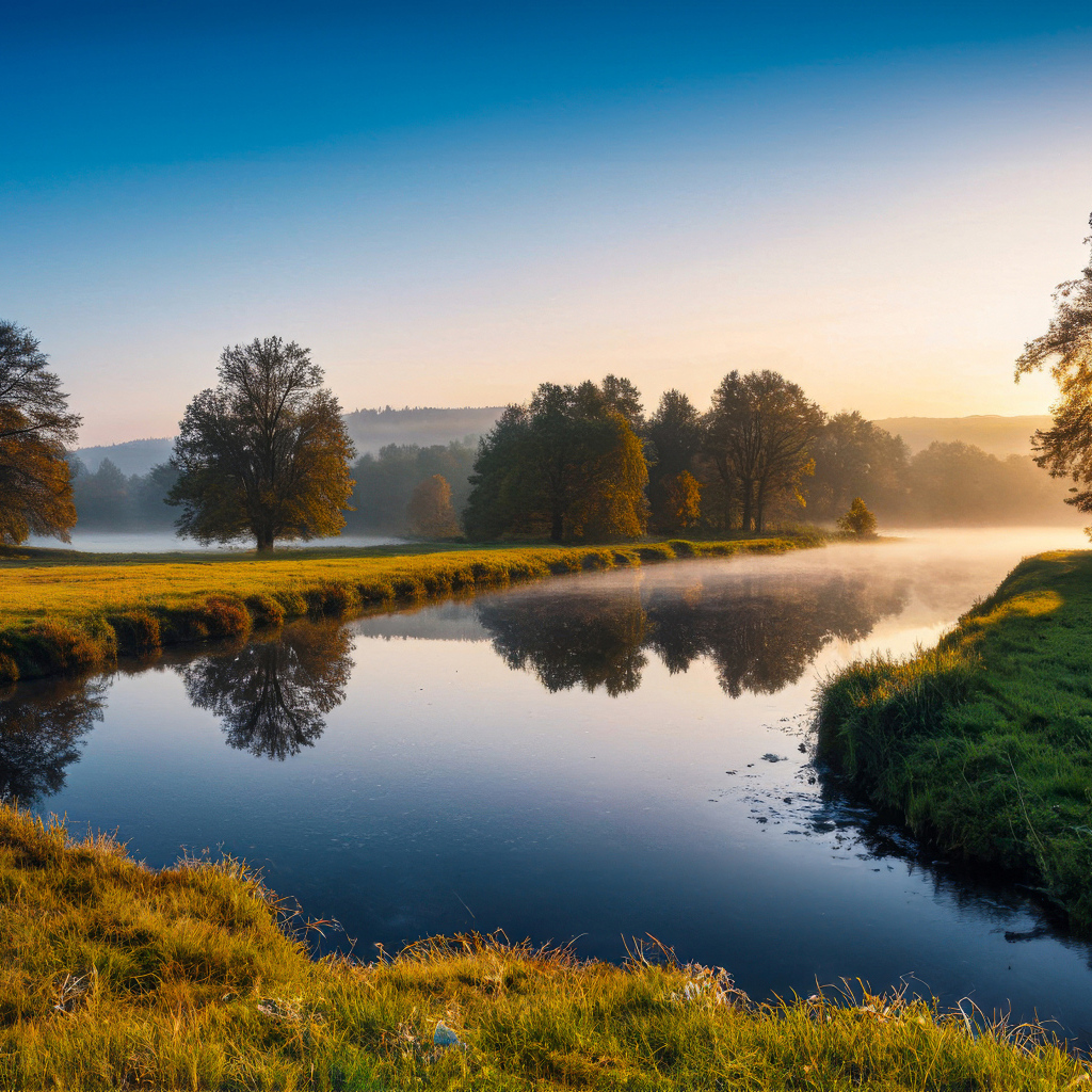 Солнце встает над рекой в тумане летом
