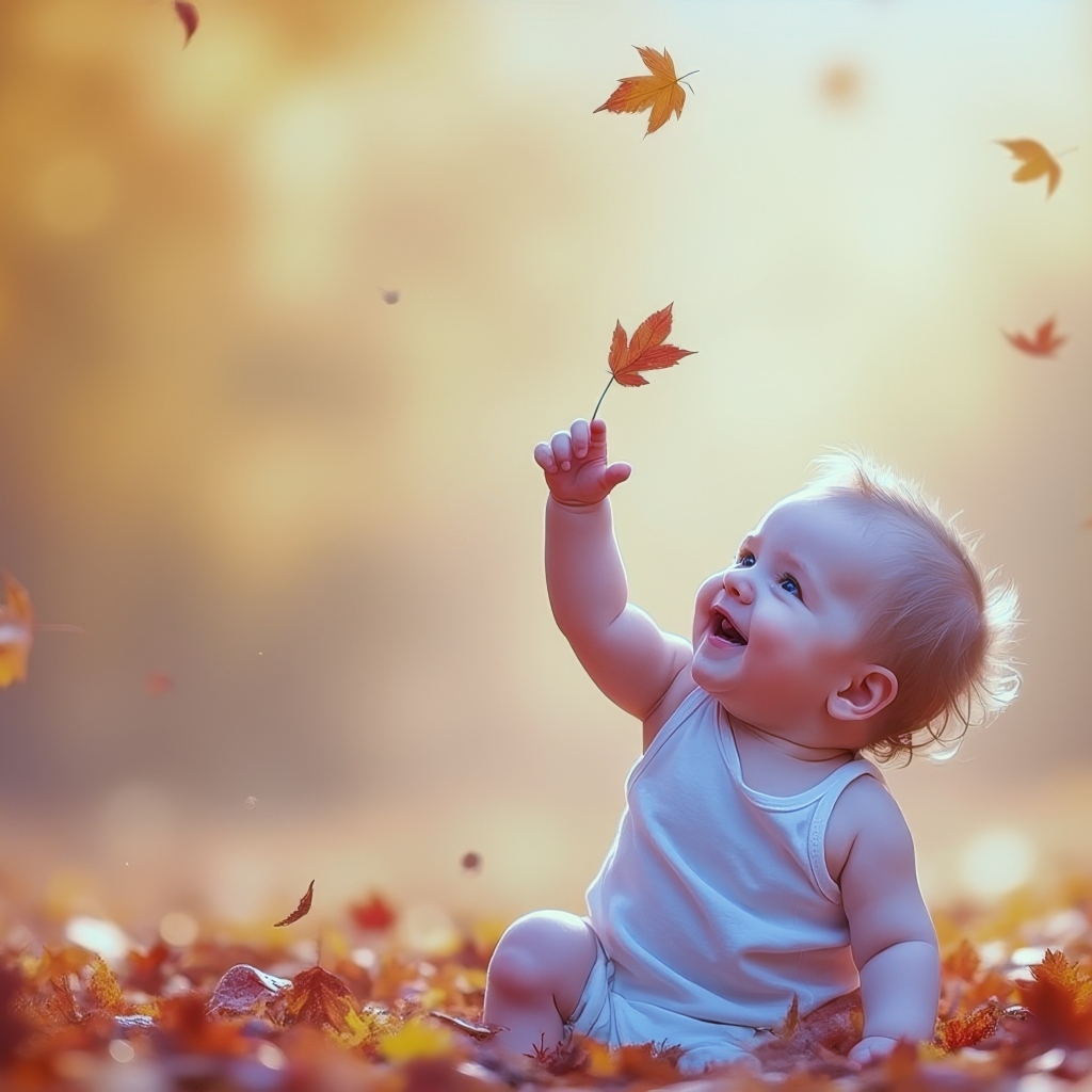 Маленький ребенок сидит на земле с опавшими листьями