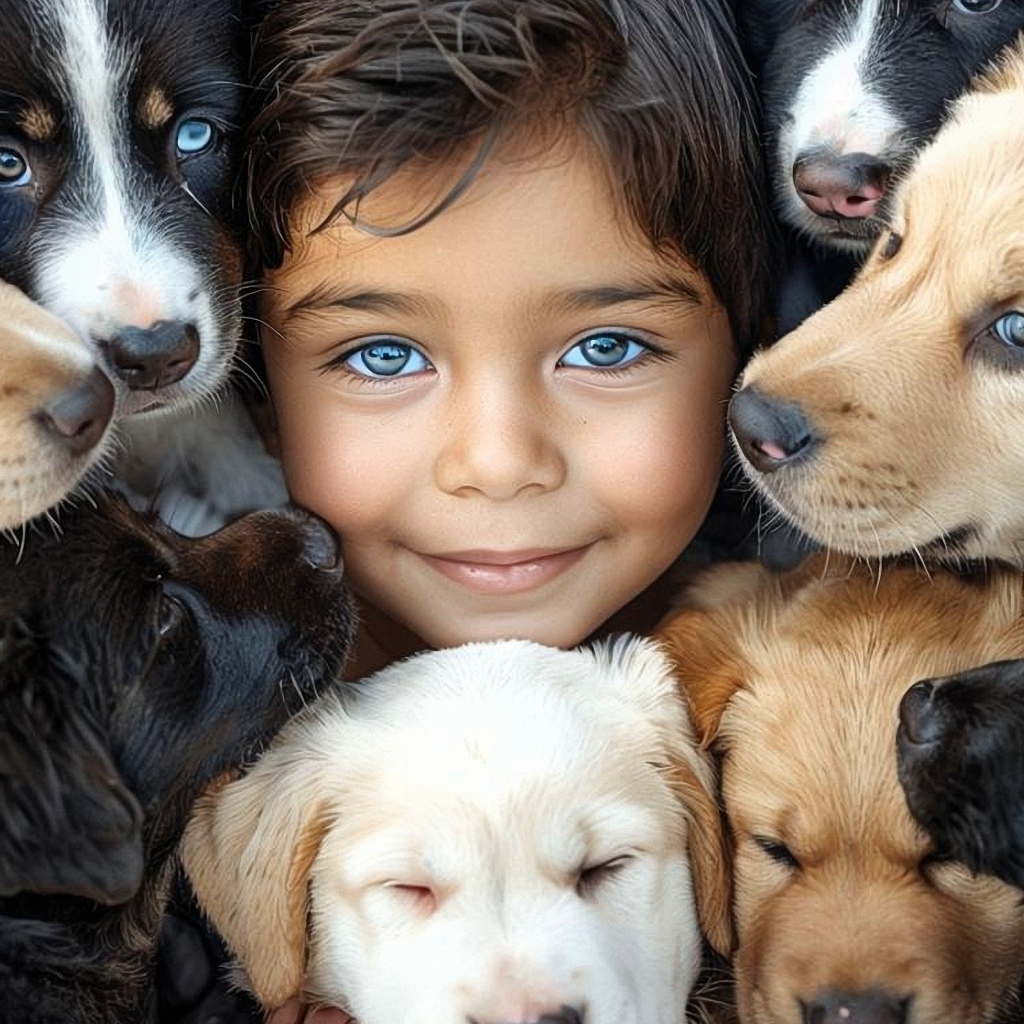 Красивый ребенок с собаками