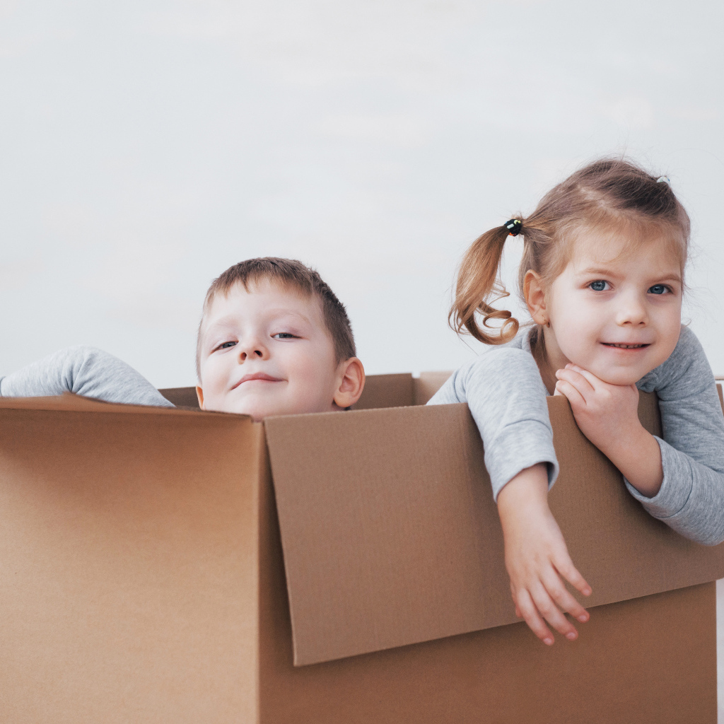 Брат и сестра сидят в картонной коробке
