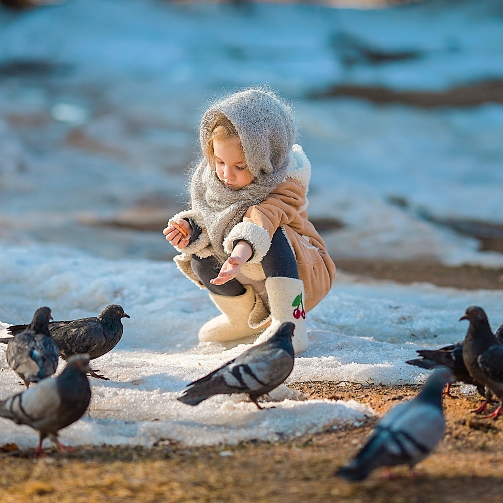 Маленькая девочка кормит голубей зимой