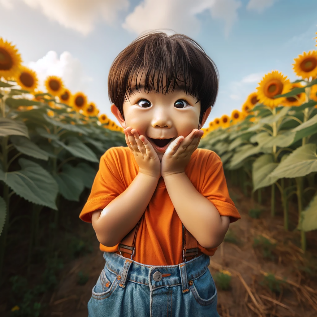 Удивленный азиатский ребенок на поле с подсолнухами