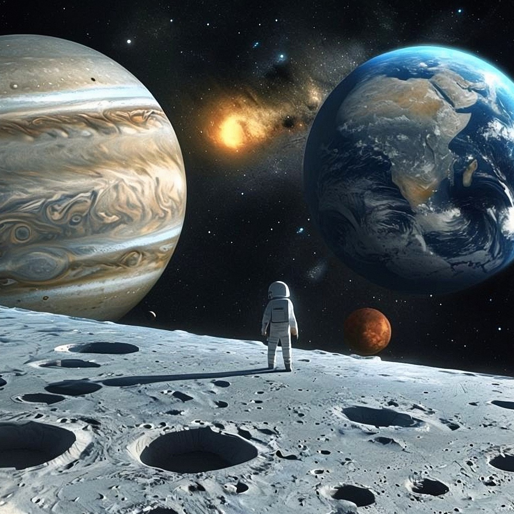 Астронавт в космосе смотрит на планеты