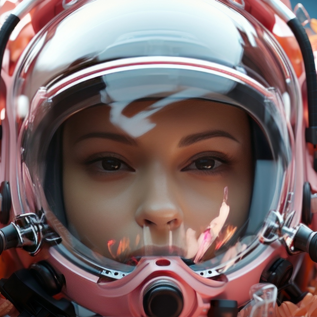 Девушка астронавт в розовом шлеме с цветами