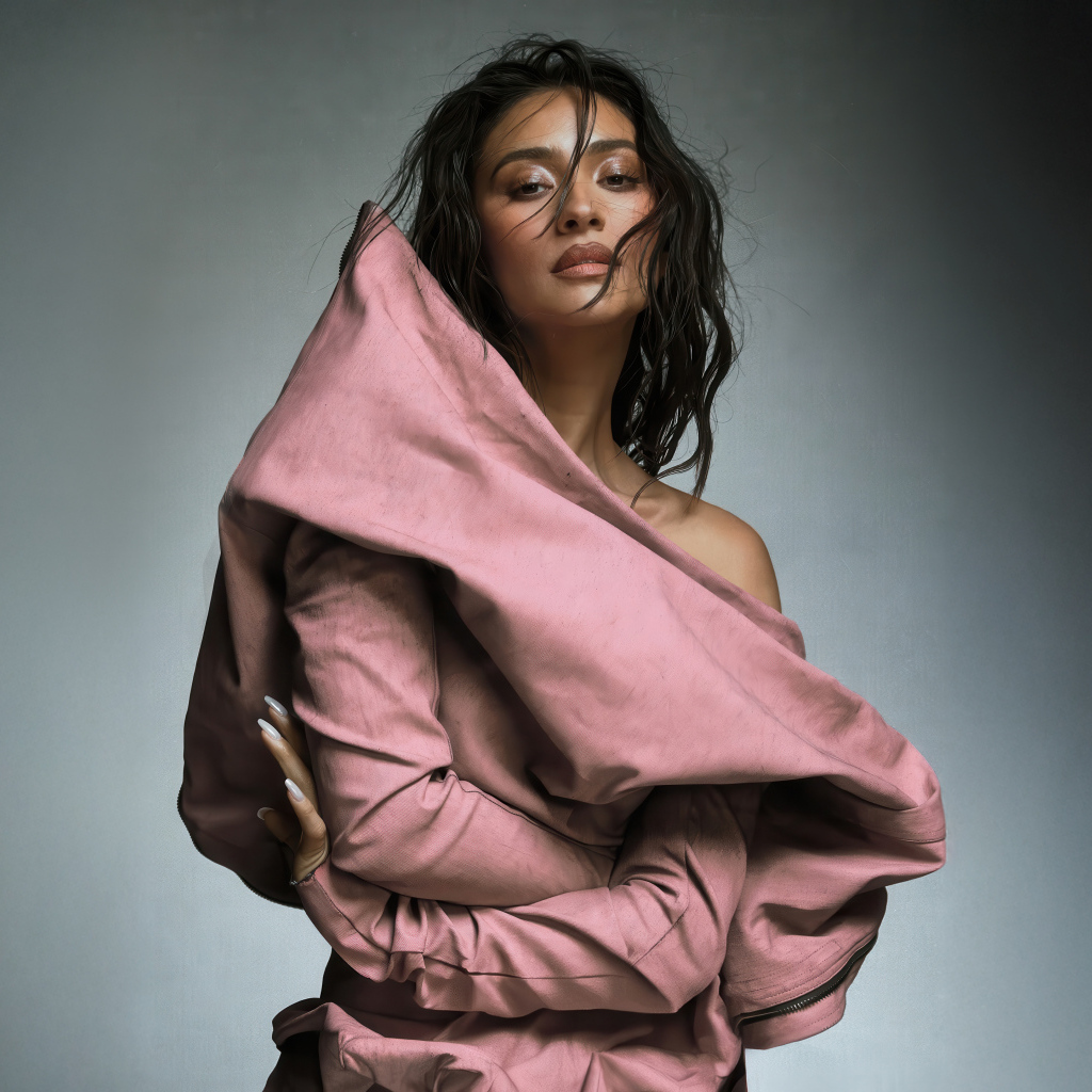 Актриса Шэй Митчелл на сером фоне