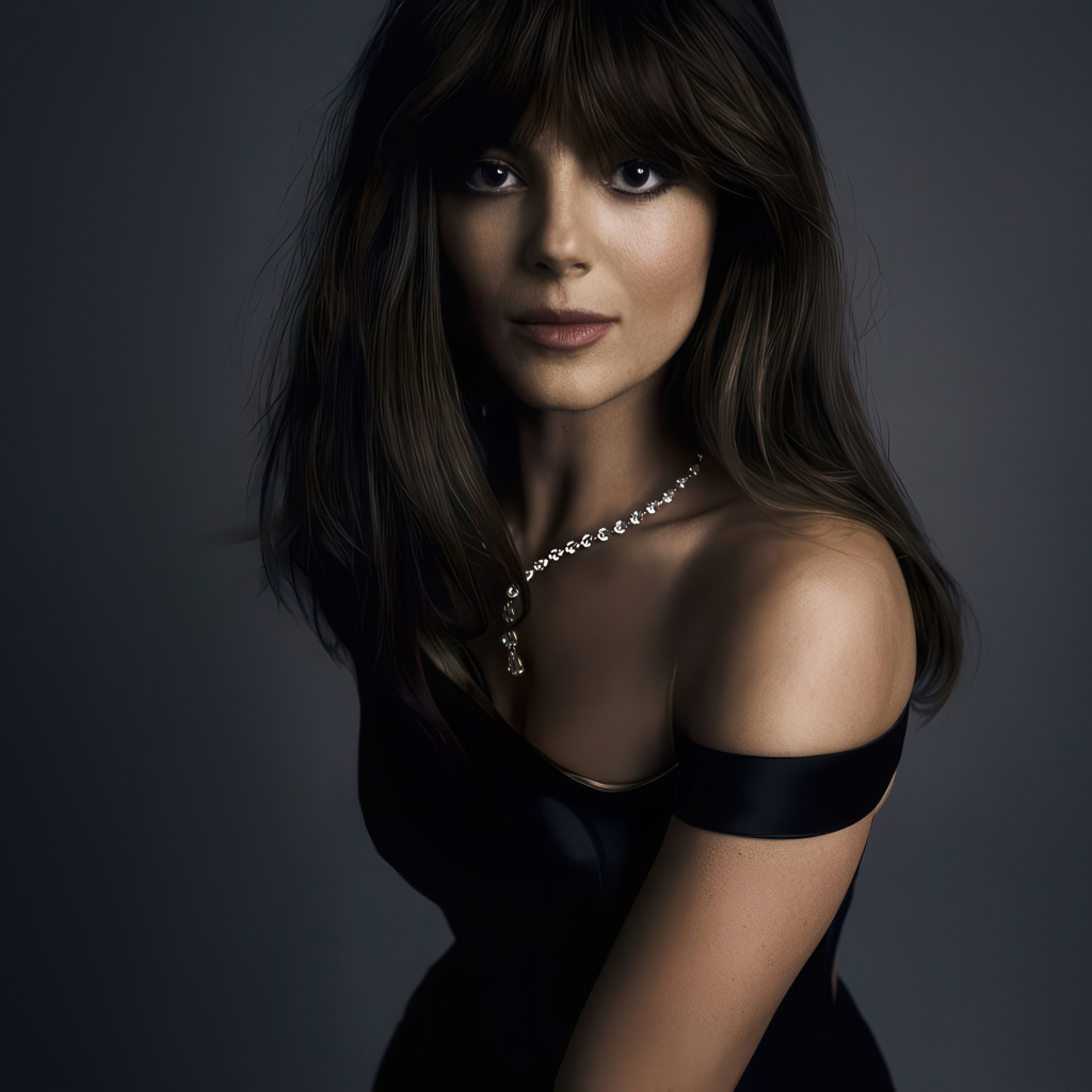 Жгучая брюнетка актриса Моника Барбаро на сером фоне