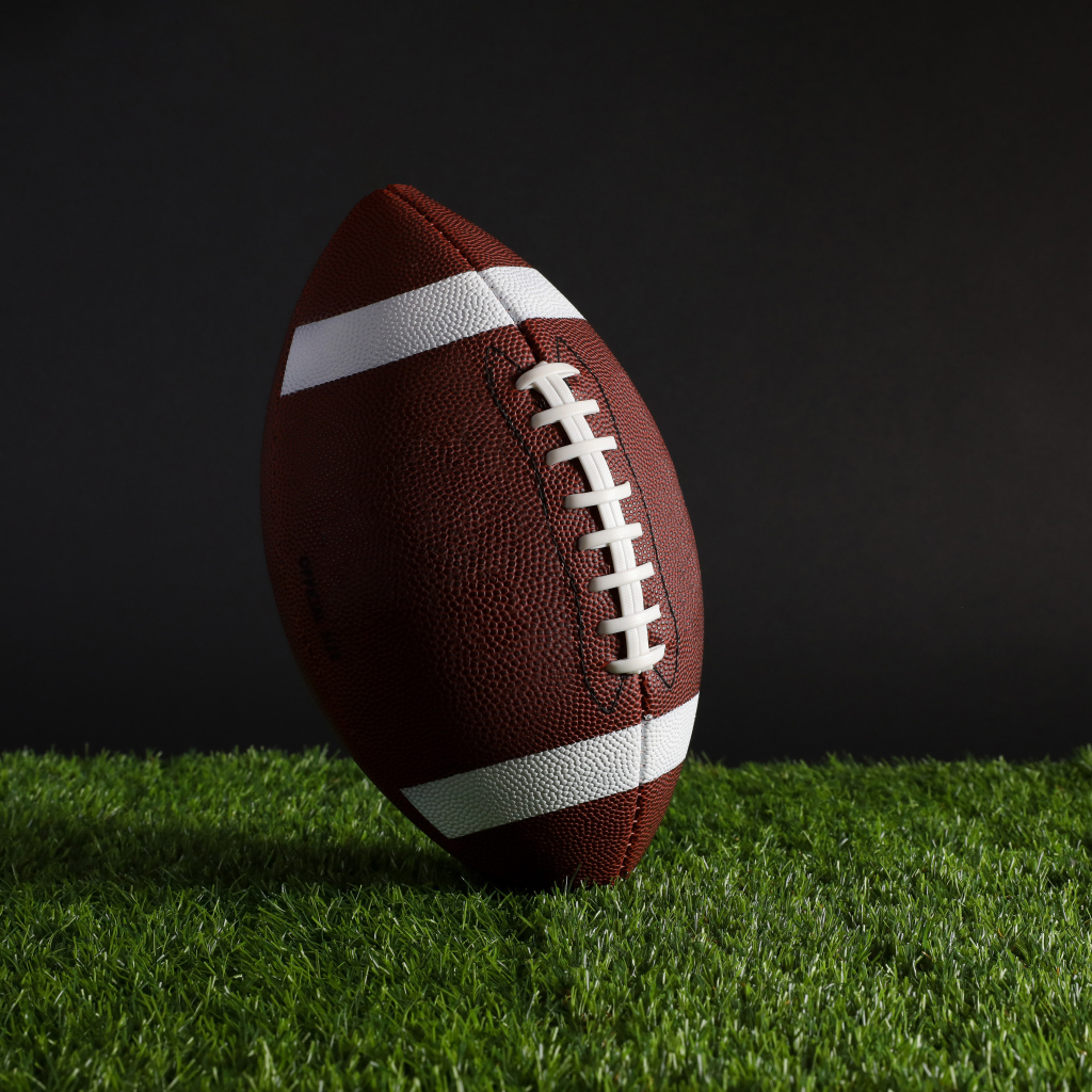 Кожаный мяч для американского футбола на зеленой траве