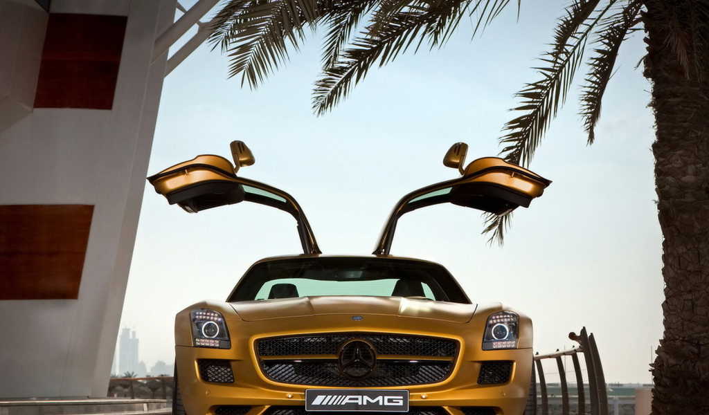 Mercedes Benz SLS AMG Desert Gold в тени пальмы
