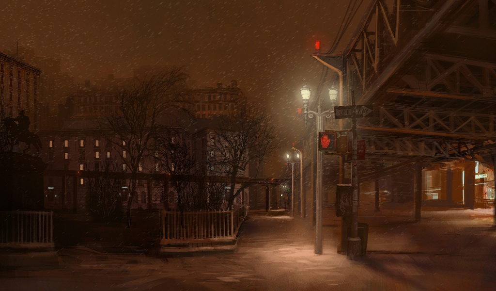 Мелкий снег на ночной улице