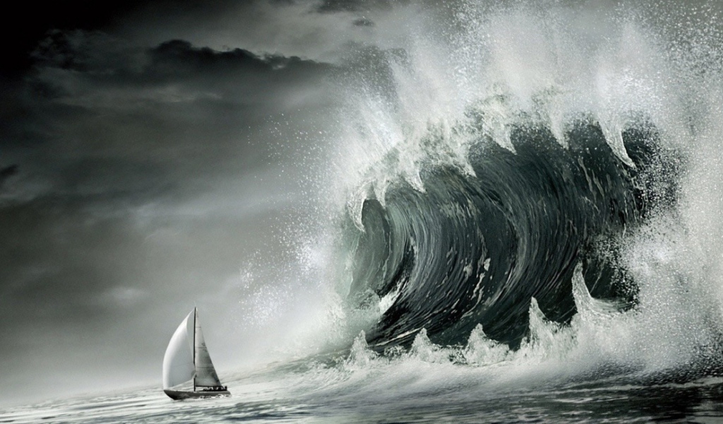 Корабль и волна цунами
