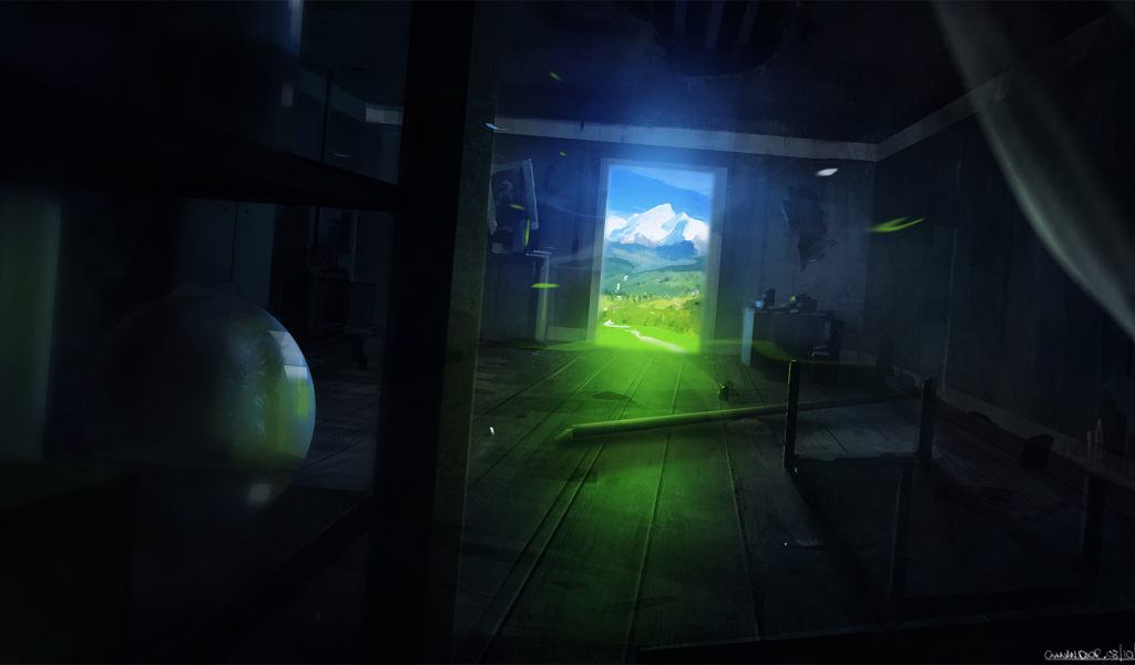 Темная комната с видом на горы