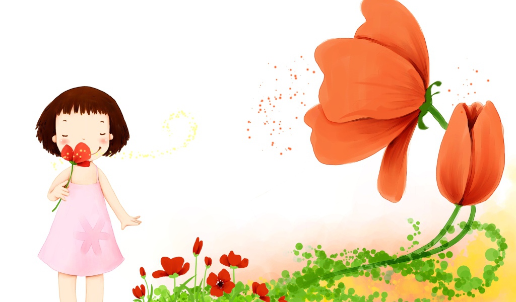 Девочка с красными цветами