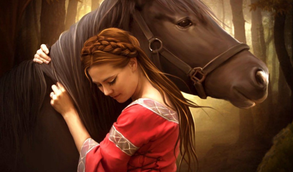 Девушка обнимает лошадь