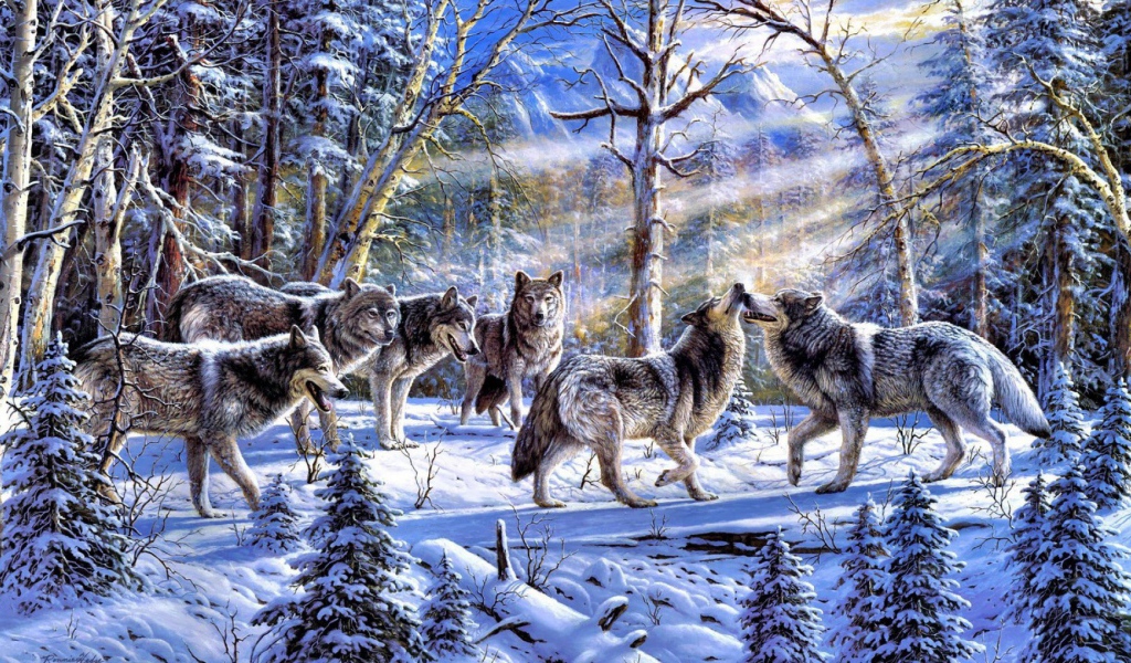 Стая волков на снегу