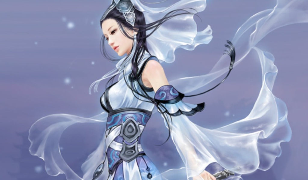 Девушка в голубой одежде с мечом