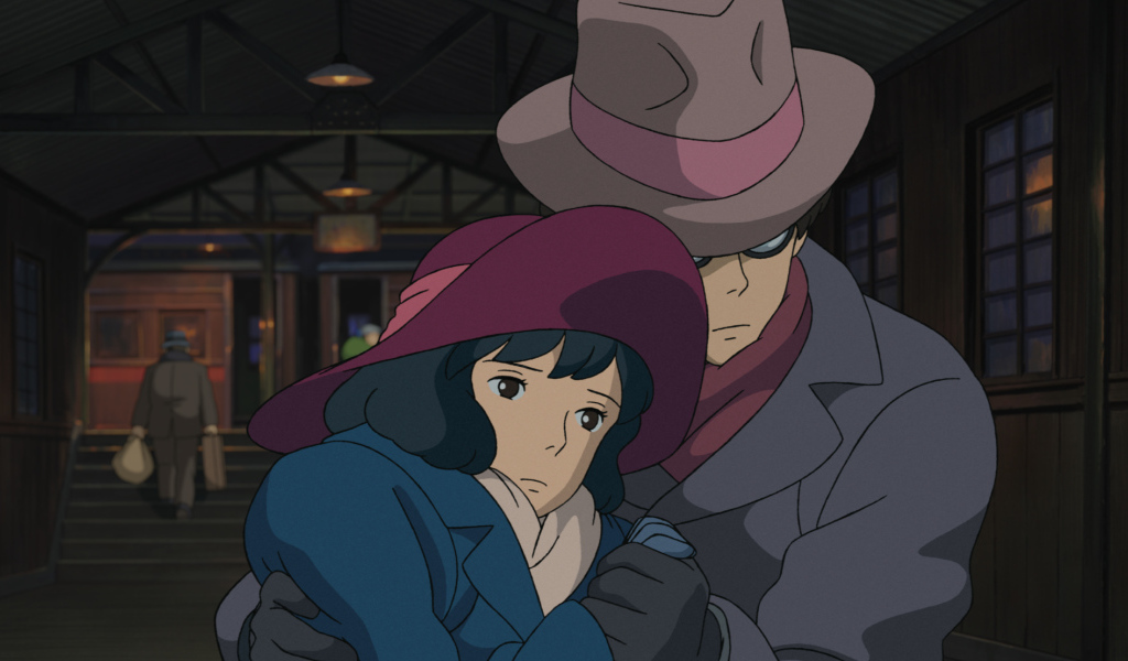 The wind rises аниме мультфильм Миядзаки, персонажи обнимаются