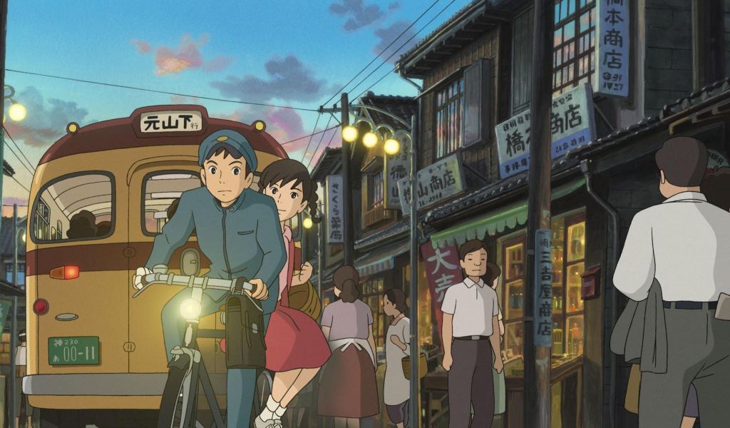 Аниме мультфильм Миядзаки Со склонов Кокурико, парень и девушка на велосипеде