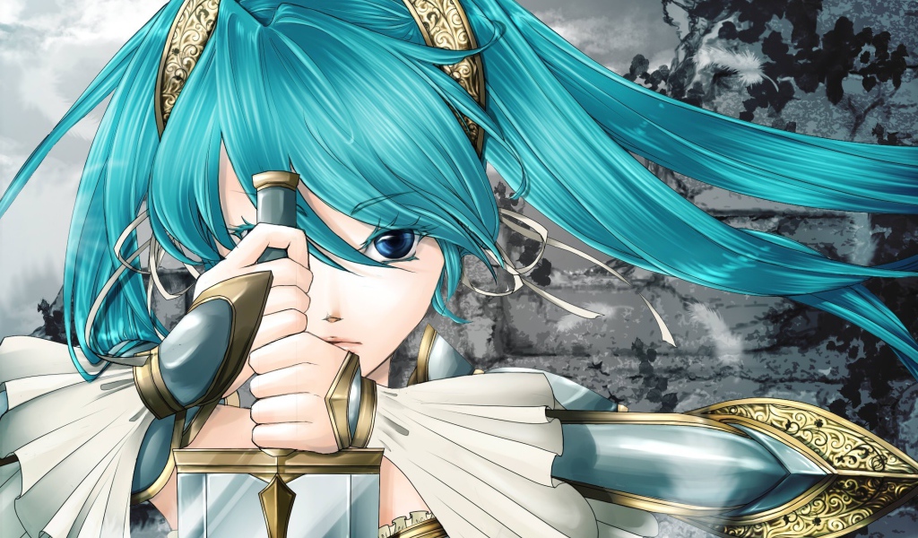 Девушка с голубыми волосами и мечом