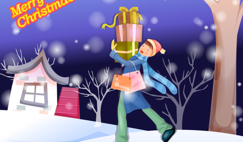 Мальчик идёт дарить подарки на рождество