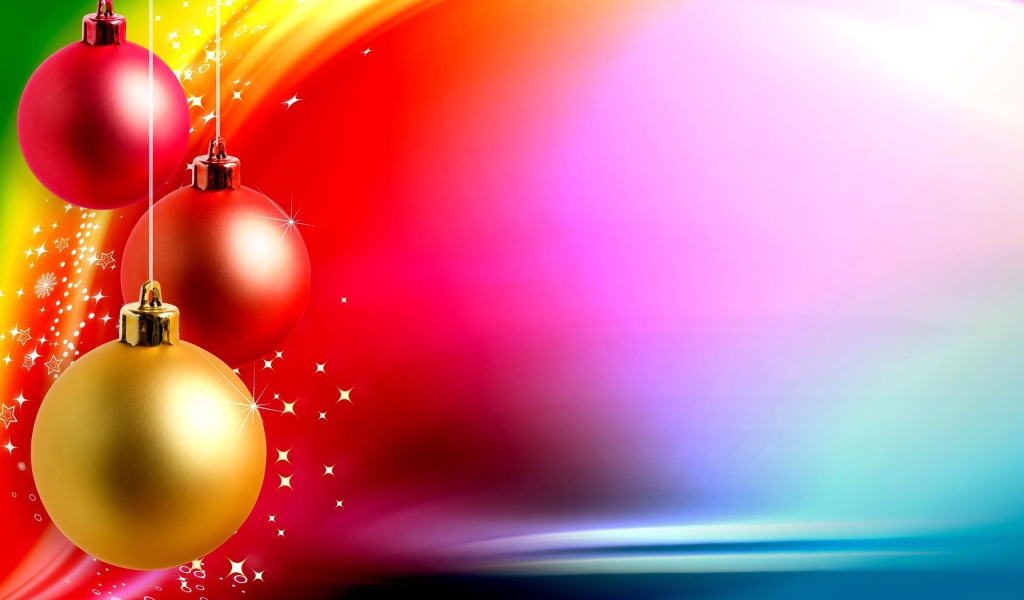 Красочные ёлочные игрушки на разноцветном фоне на рождество