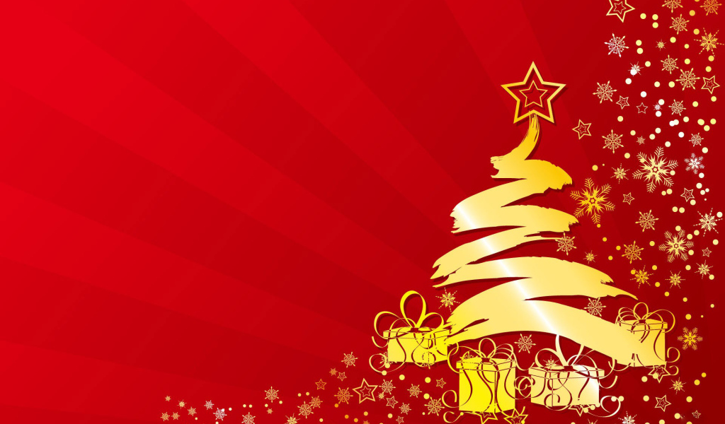 Золотистая ёлка на красном фоне на рождество