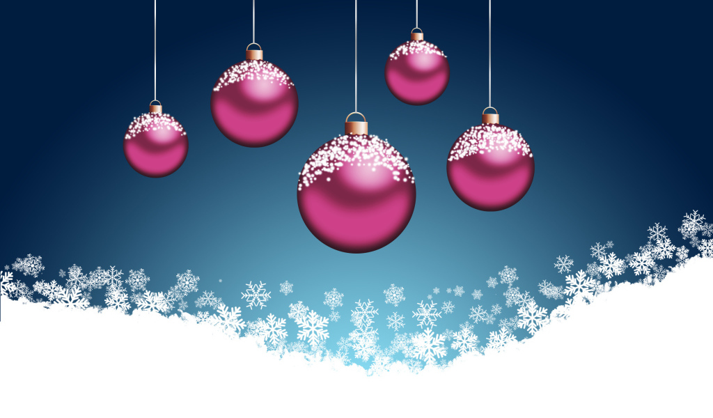 Розовые ёлочные шары на синем фоне на рождество