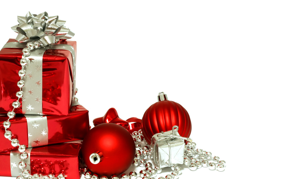Red Christmas decorations and gifts on Christmas, white background