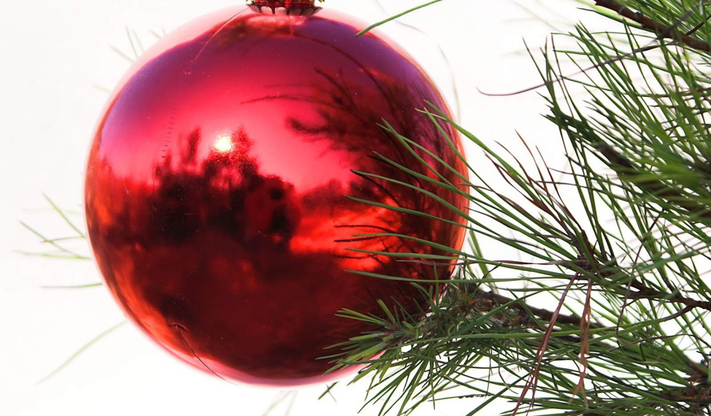 Красный шар на ёлке на рождество