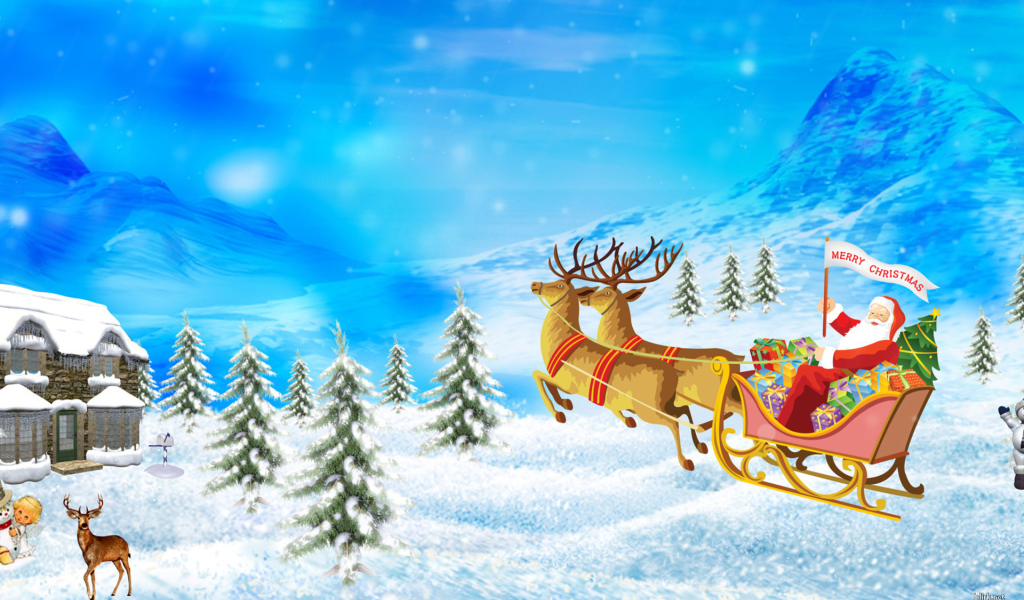 Дед Мороз в упряжке с оленями на рождество