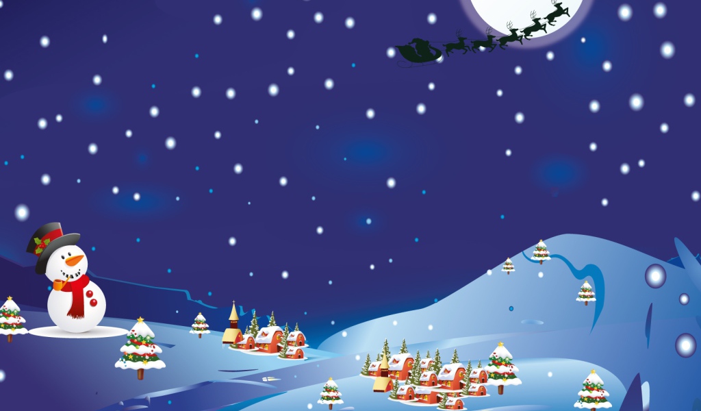 Снеговик смотрит на упряжку с оленями на рождество