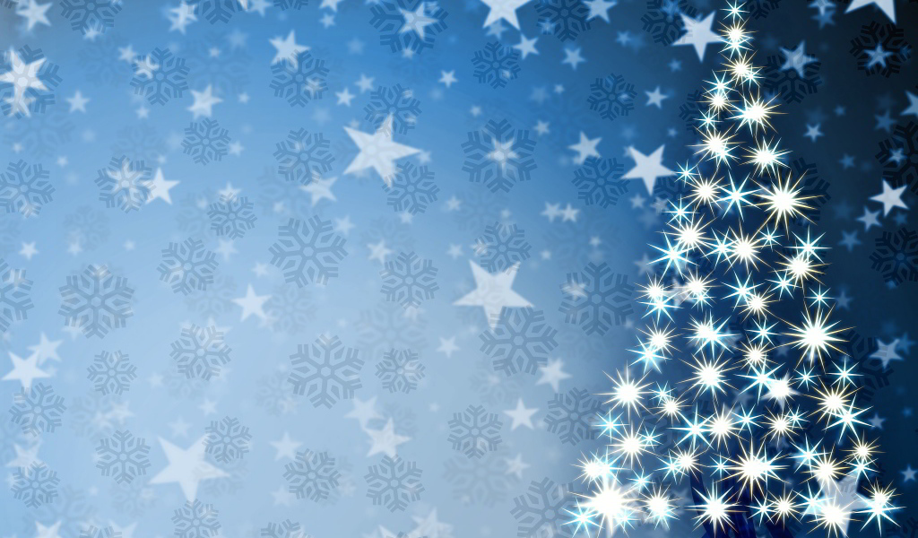 Stars in the form of a Christmas tree on snowflakes background on Christmas