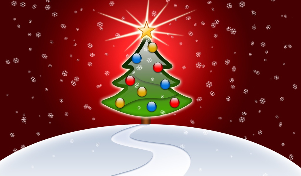 Ёлка на снежном холме на красном фоне на рождество