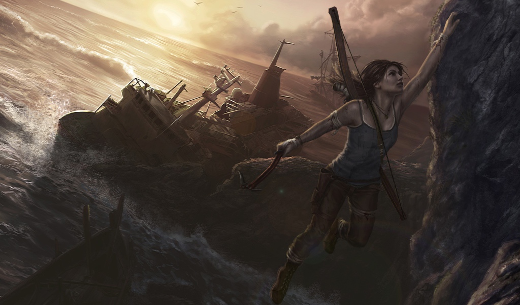 Девушка с луком висит на скале