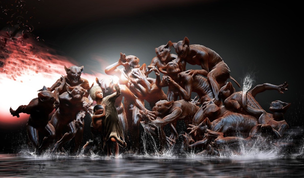 Женщина защищает ребенка от монстров