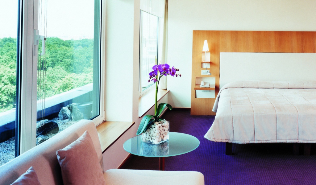 Интерьер спальни с орхидеей