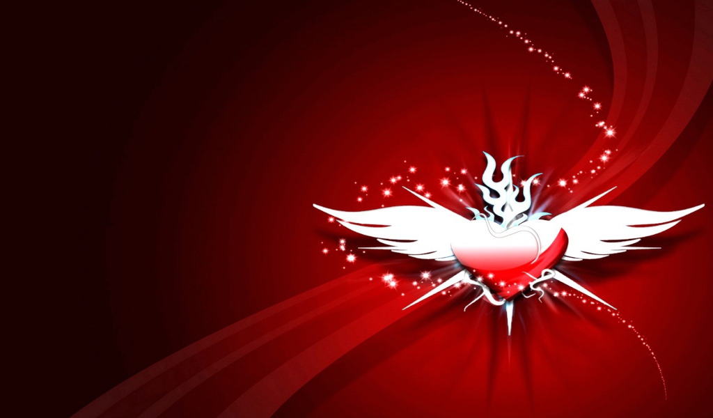 Сердечко с крыльями на красном фоне