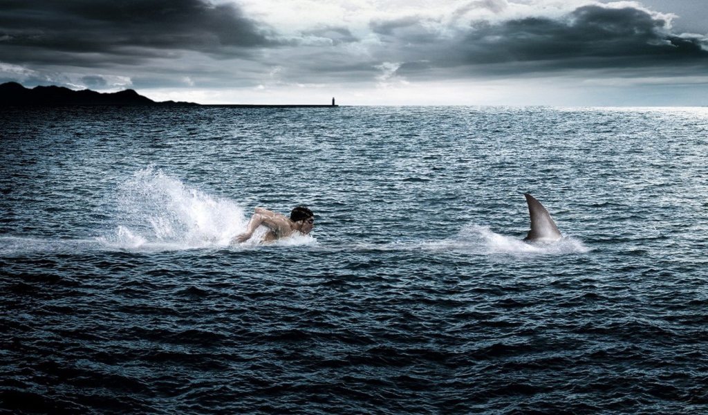Человек плывет за акулой