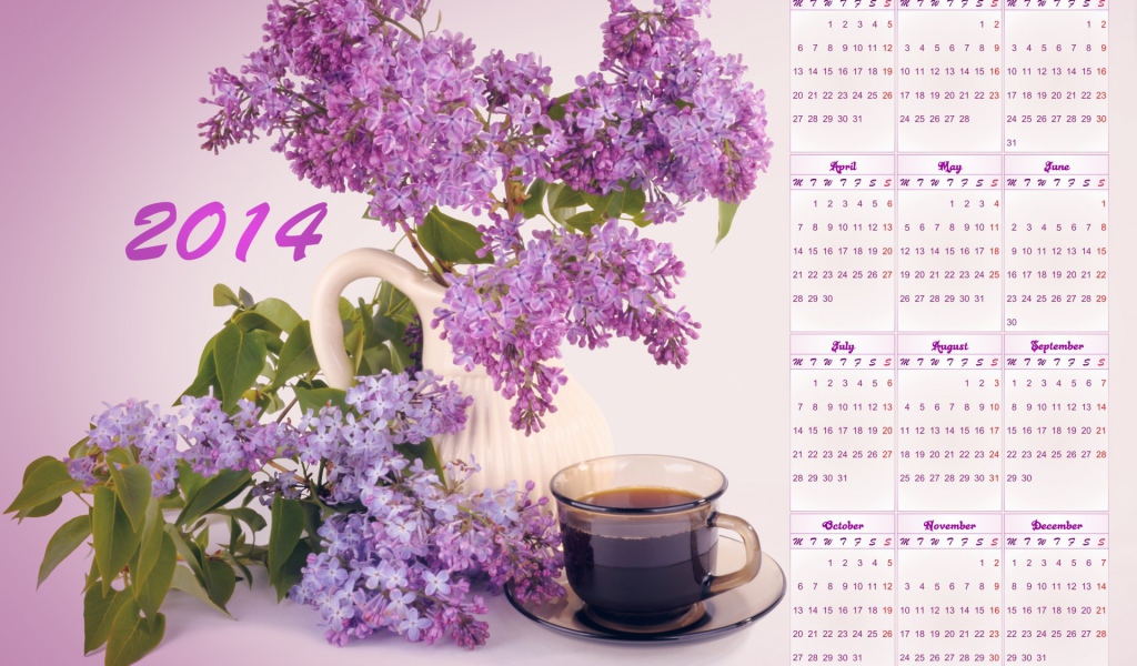 Календарь на Новый Год 2014, сиреневый фон