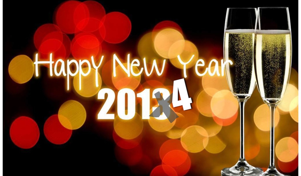 Счастливого Нового Года 2014, бокалы с шампанским и огни