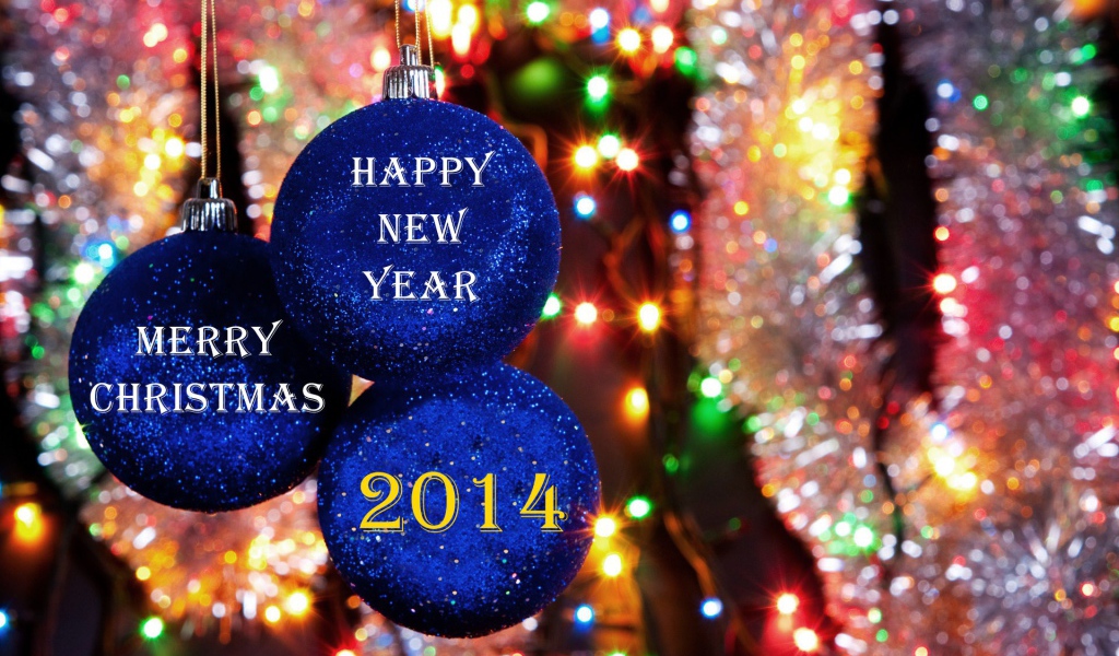 Счастливого Рождества и Нового Года 2014, синие ёлочные игрушки