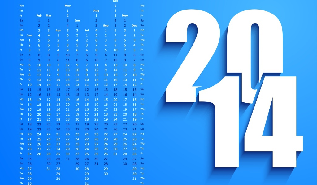 Новый год 2014, календарь на голубом фоне
